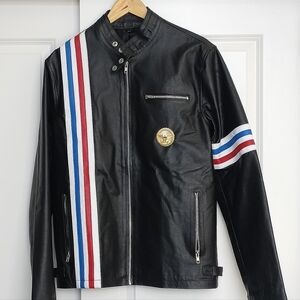 Mens Easy Rider Black Leather Jacket w/ American Flag. Size Large